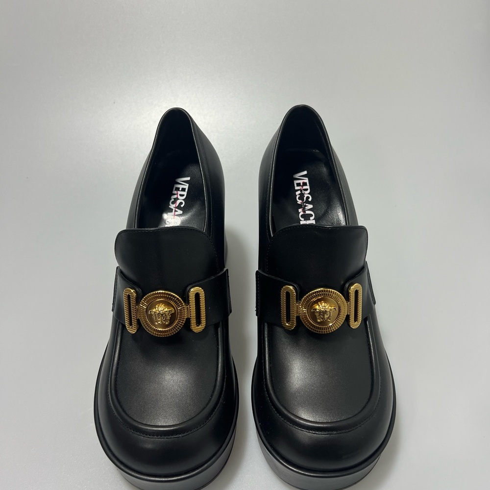 Versace Medusa-Head Leather Loafers Heels Black Women’s EU 37.5/US 7.5 - Picture 2 of 8